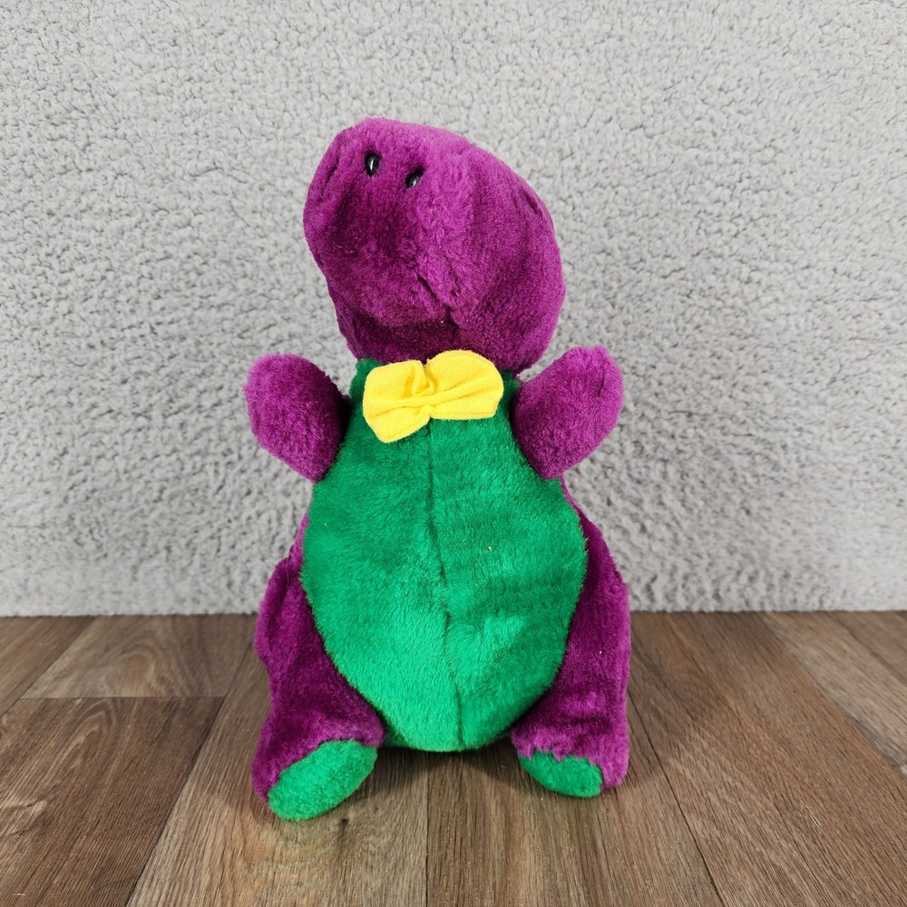 Vintage Barney the Dinosaur Plush Purple Green Stuffed Animal Yellow Bow Tie 12"